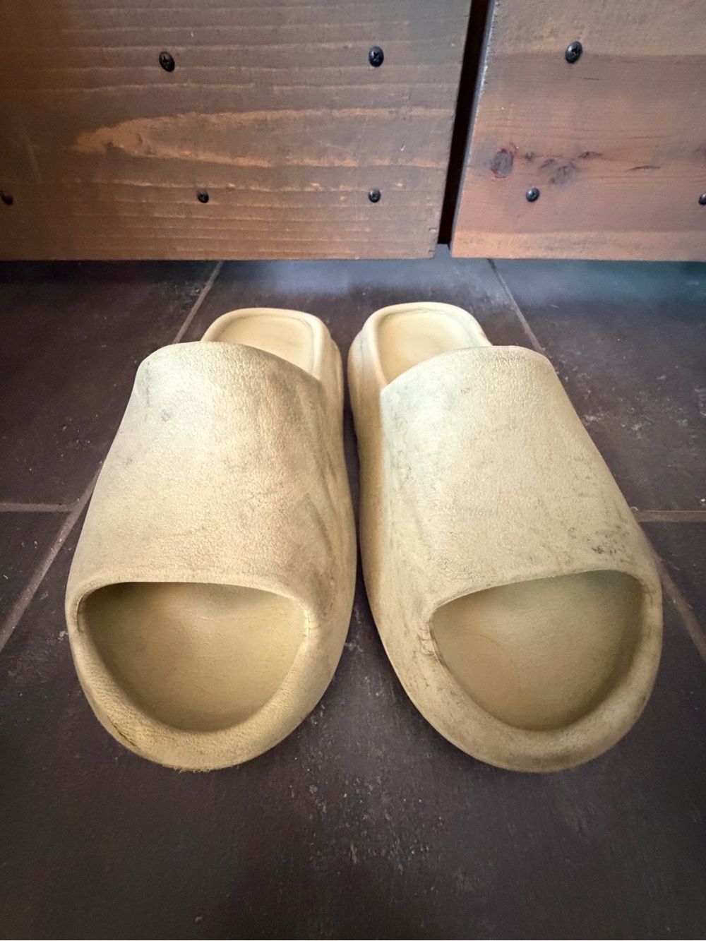 Yeezy Open-Toe Suede Slides in Tan